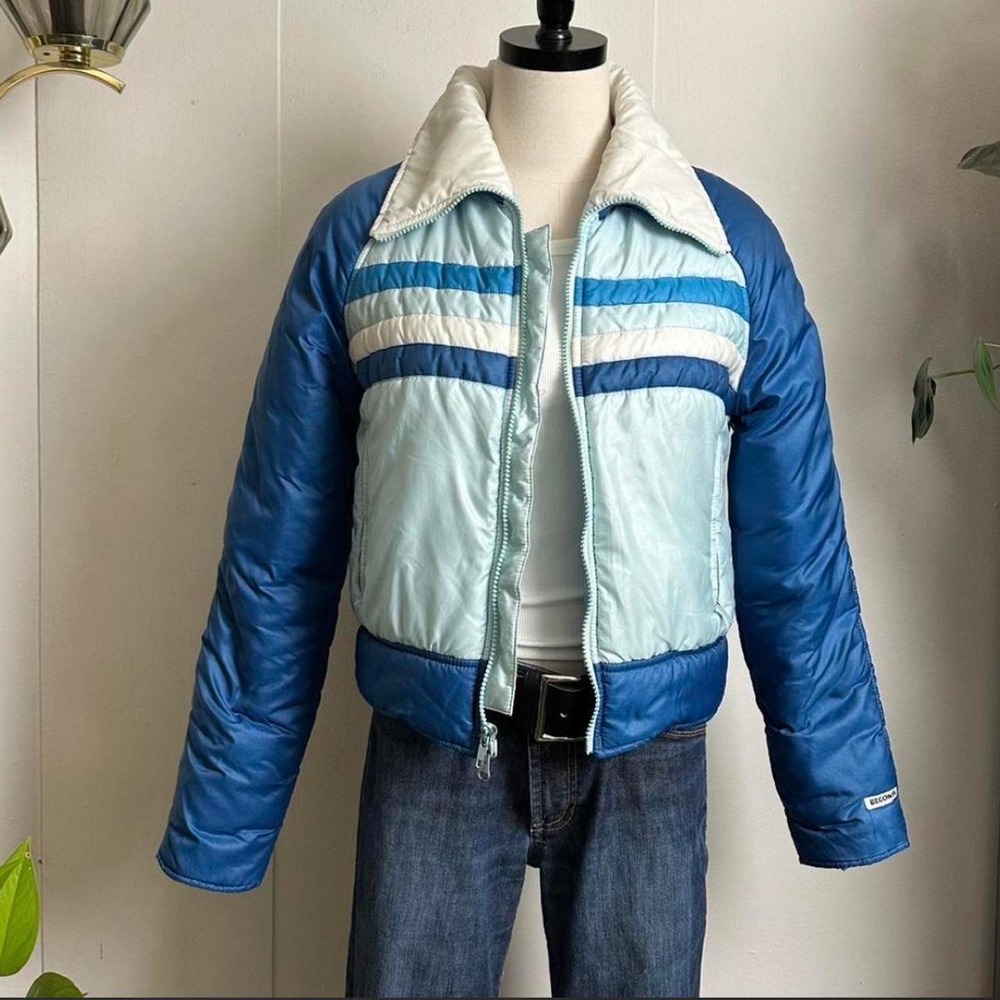 Vintage Beconta 80s Ski Puffer Jacket Blue White Striped Retro XS